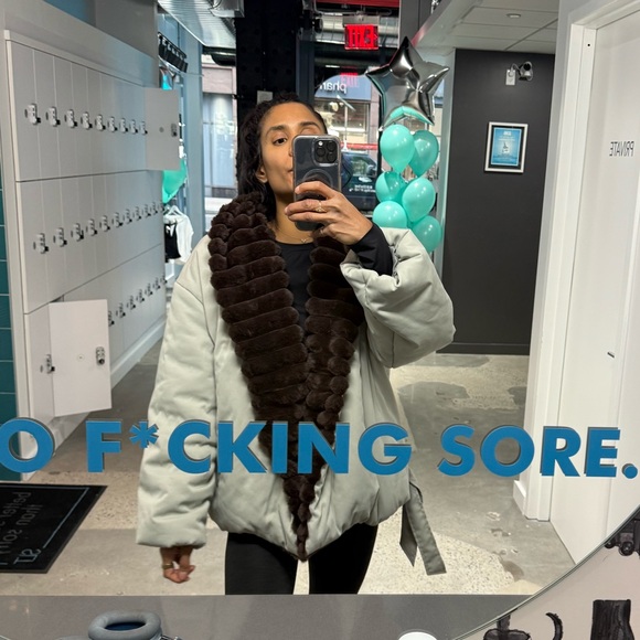 Sage Green Quilted Jacket with Brown Faux Fur Trim like helsa - Picture 8 of 8